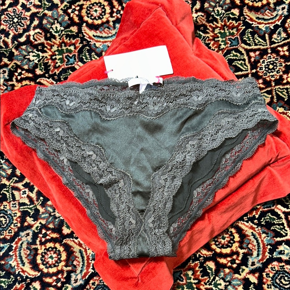 Elegant Khaki (Spruce) SILK Lace Trim Gray Panties